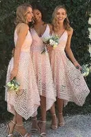 2017 Asymmetrical High Low Boho Pink Prom Party Dresses In Stock Dark Navy V Neck Short Bridesmaid Dresses Bohemian Lace Wedding Guest Dress