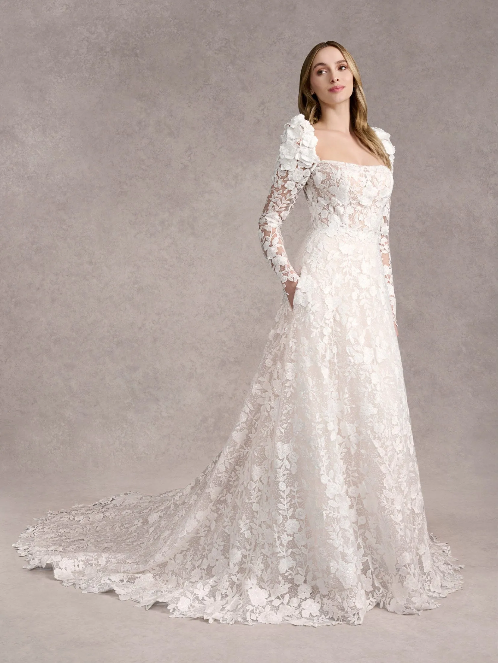 3D Floral Long Sleeve Wedding Gown by Adrianna Papell 31270