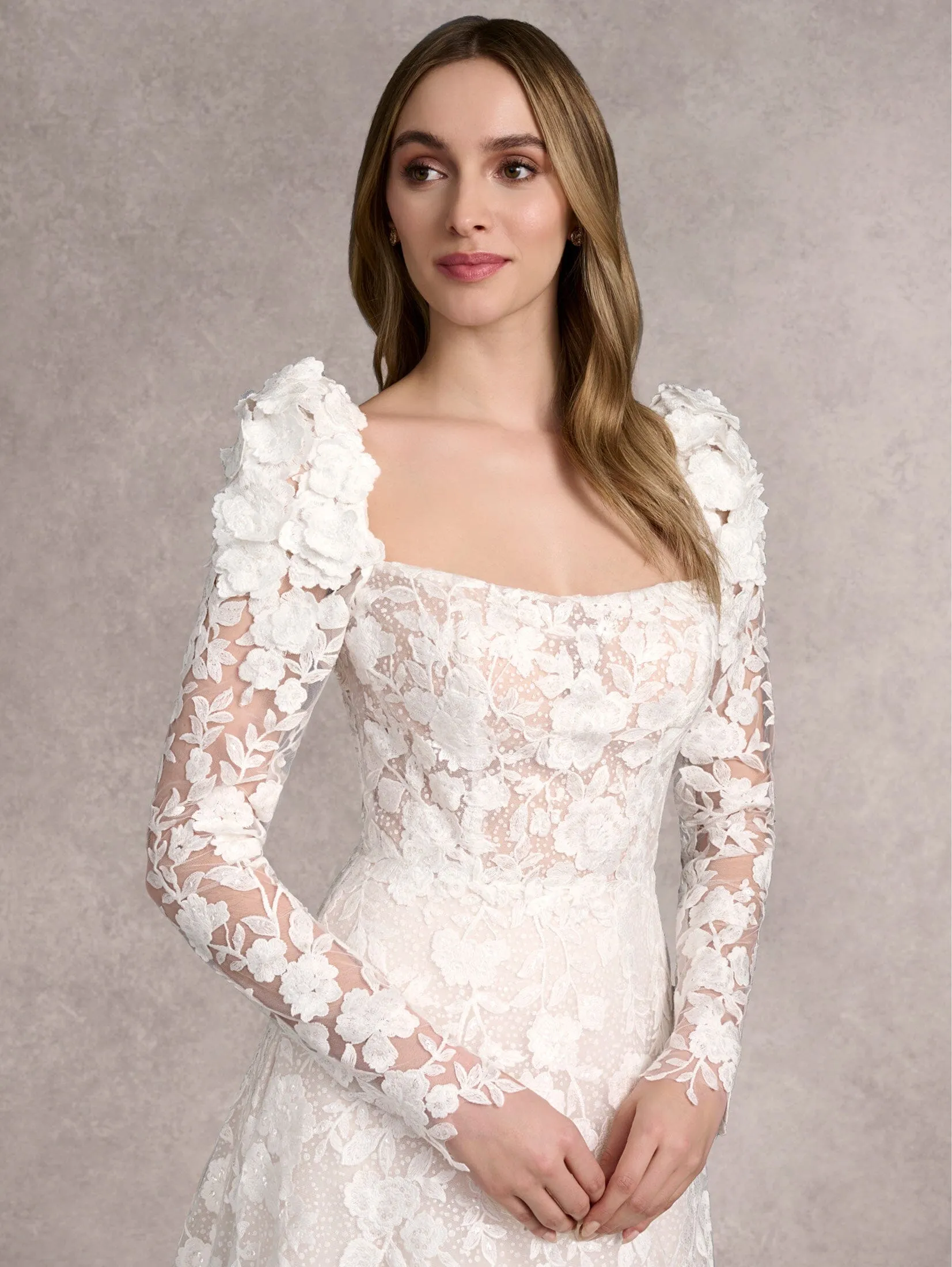 3D Floral Long Sleeve Wedding Gown by Adrianna Papell 31270