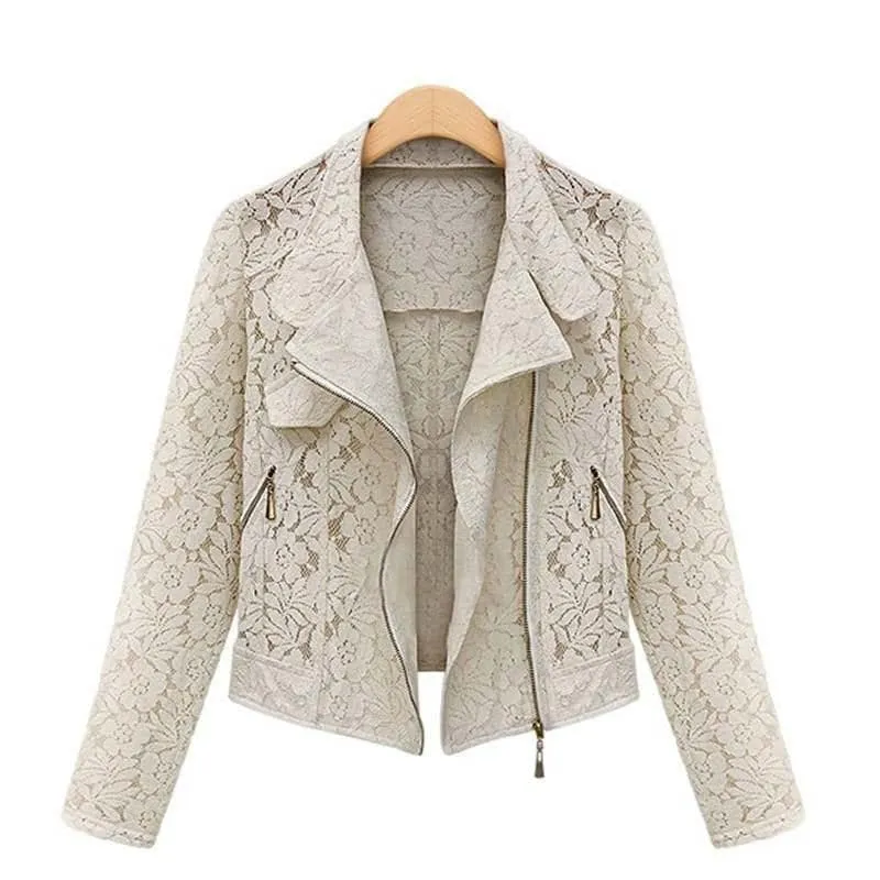 ASM Women's Elegant Fashion Premium Quality Ivory Beige Lace Design Biker Jacket