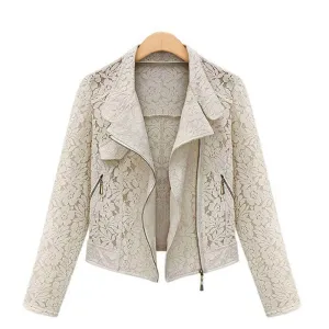 ASM Women's Elegant Fashion Premium Quality Ivory Beige Lace Design Biker Jacket