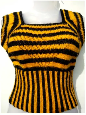 Beautiful Solid Color Unique Knitted Pattern Cap Sleeve Women Blouse - Yellow & Black