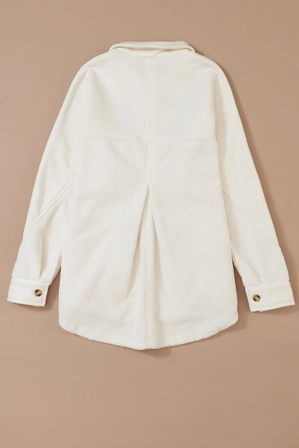 Beige Button-Up Stitching Pocket Raw Hem Shacket