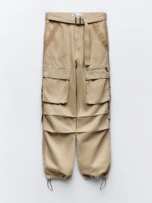 Beige cargo trousers with straps