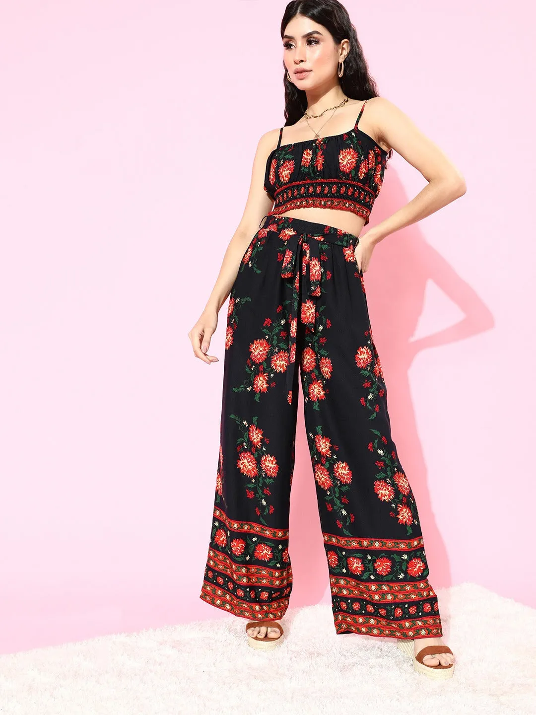 Berrylush Women Navy Blue & Red Floral Printed Cami Top & Trousers Set