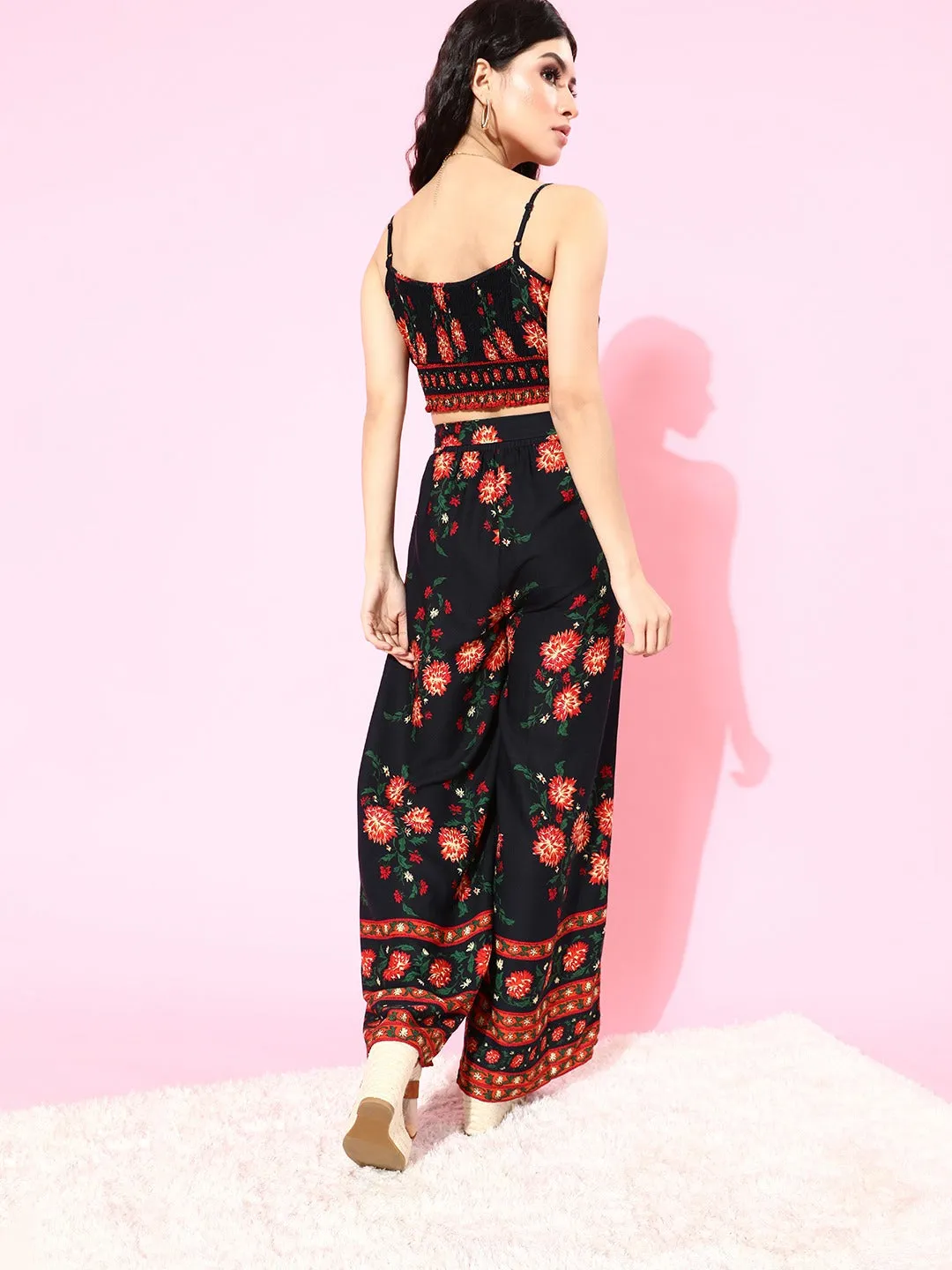 Berrylush Women Navy Blue & Red Floral Printed Cami Top & Trousers Set