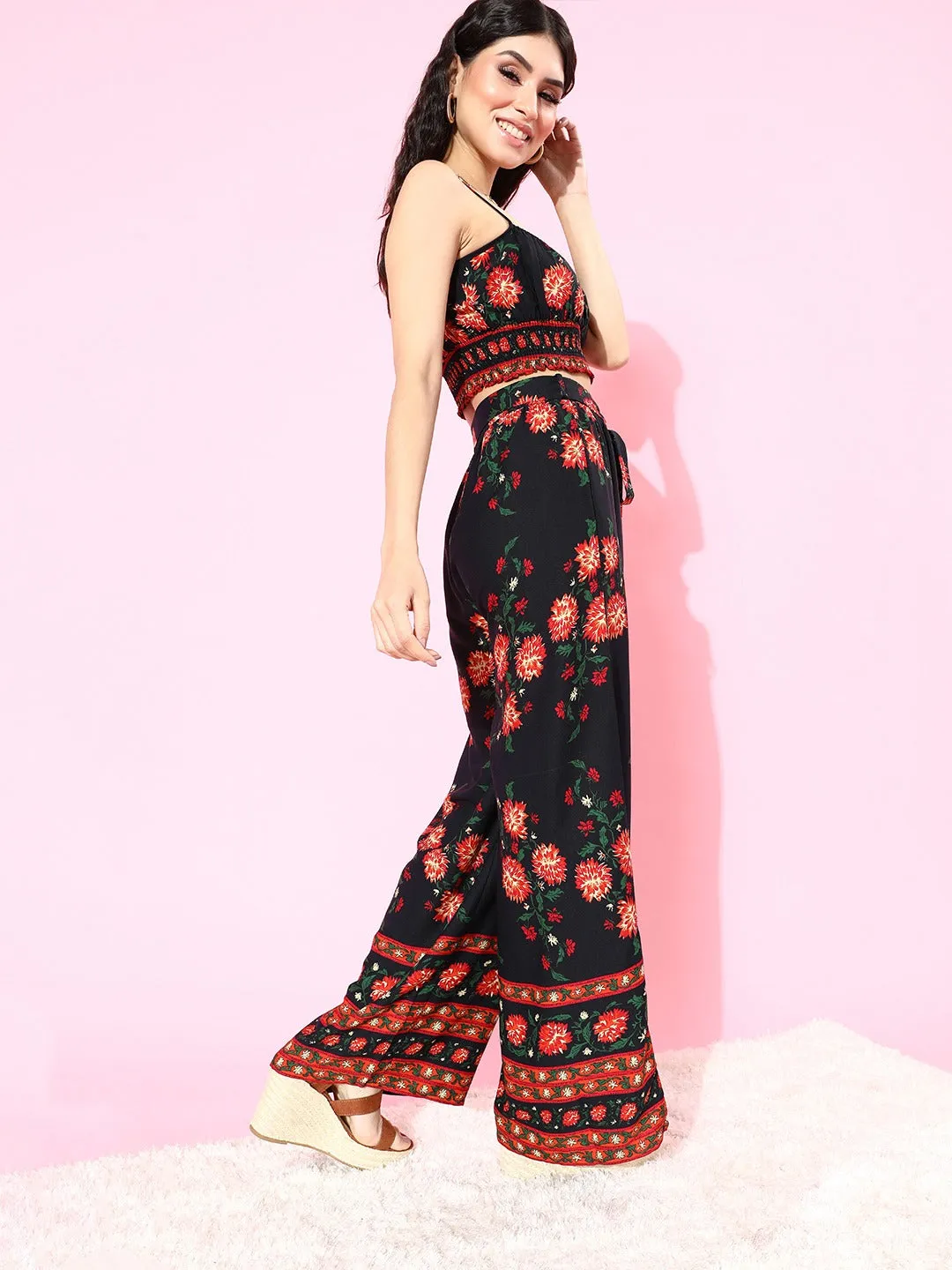 Berrylush Women Navy Blue & Red Floral Printed Cami Top & Trousers Set