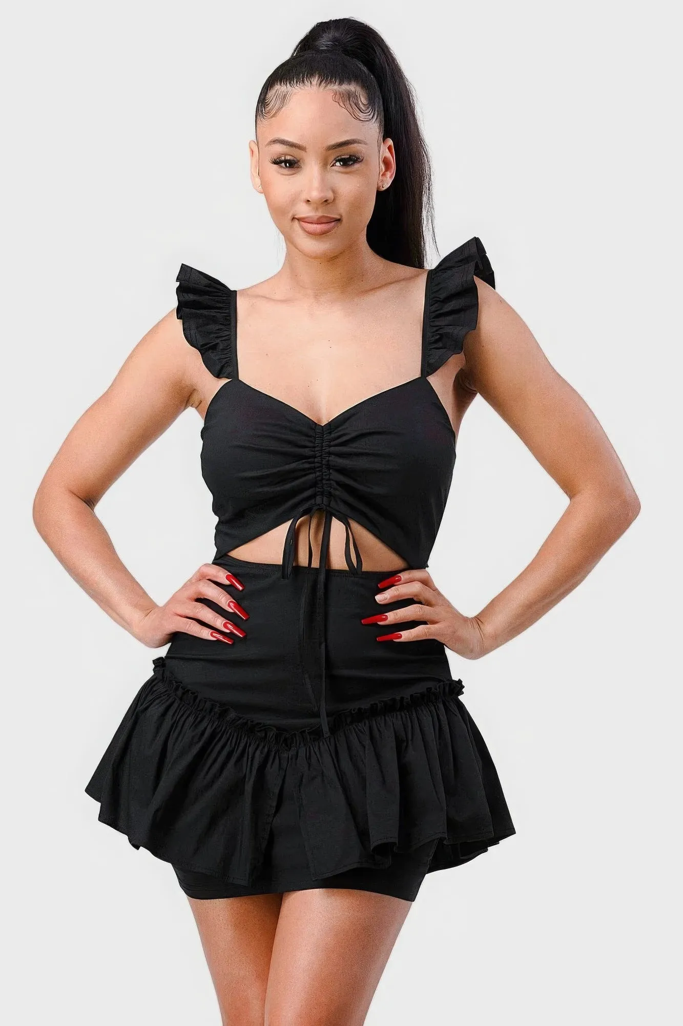 Black Short Sleeve Dress Sweetheart With Drawstring Bow Cutout Ruffled Flutter Sleeves Mini Dress