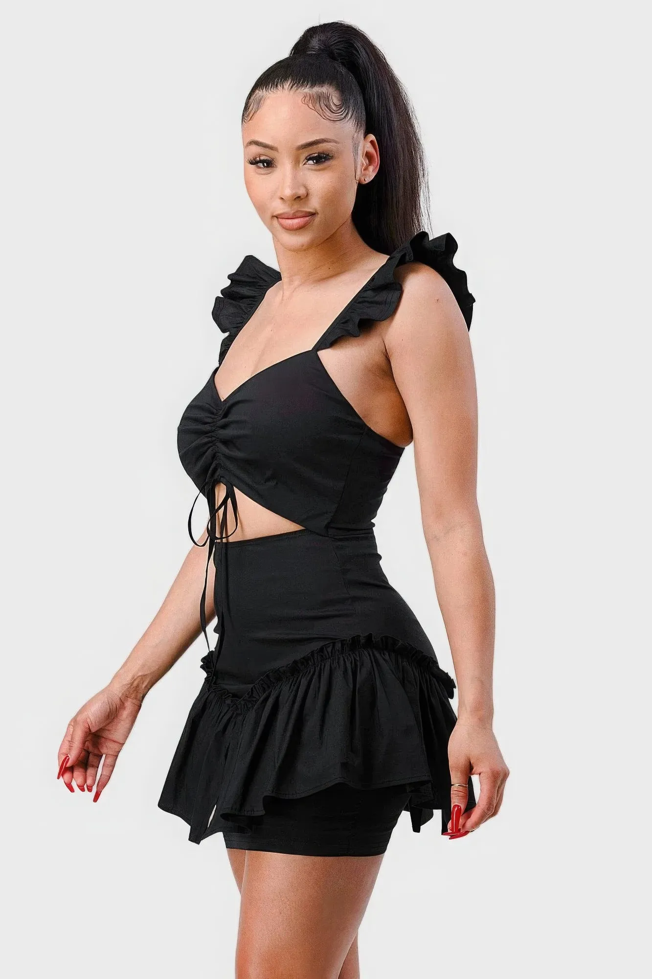 Black Short Sleeve Dress Sweetheart With Drawstring Bow Cutout Ruffled Flutter Sleeves Mini Dress