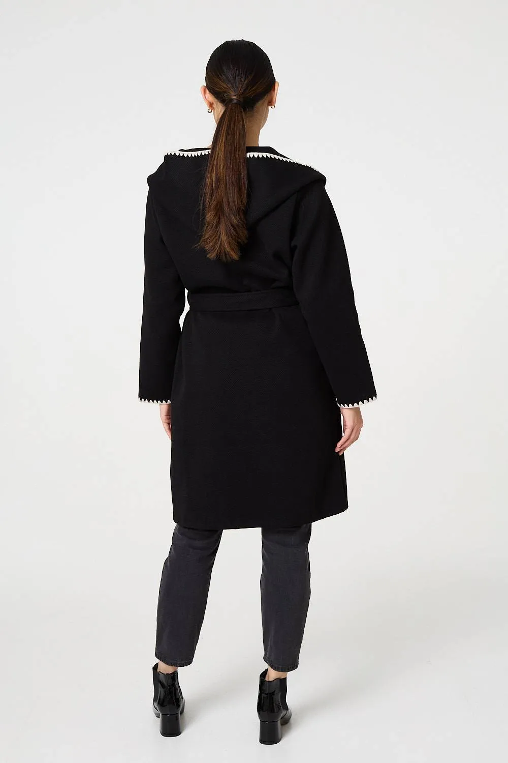 Blanket Stitch Tie Waist Longline Coat