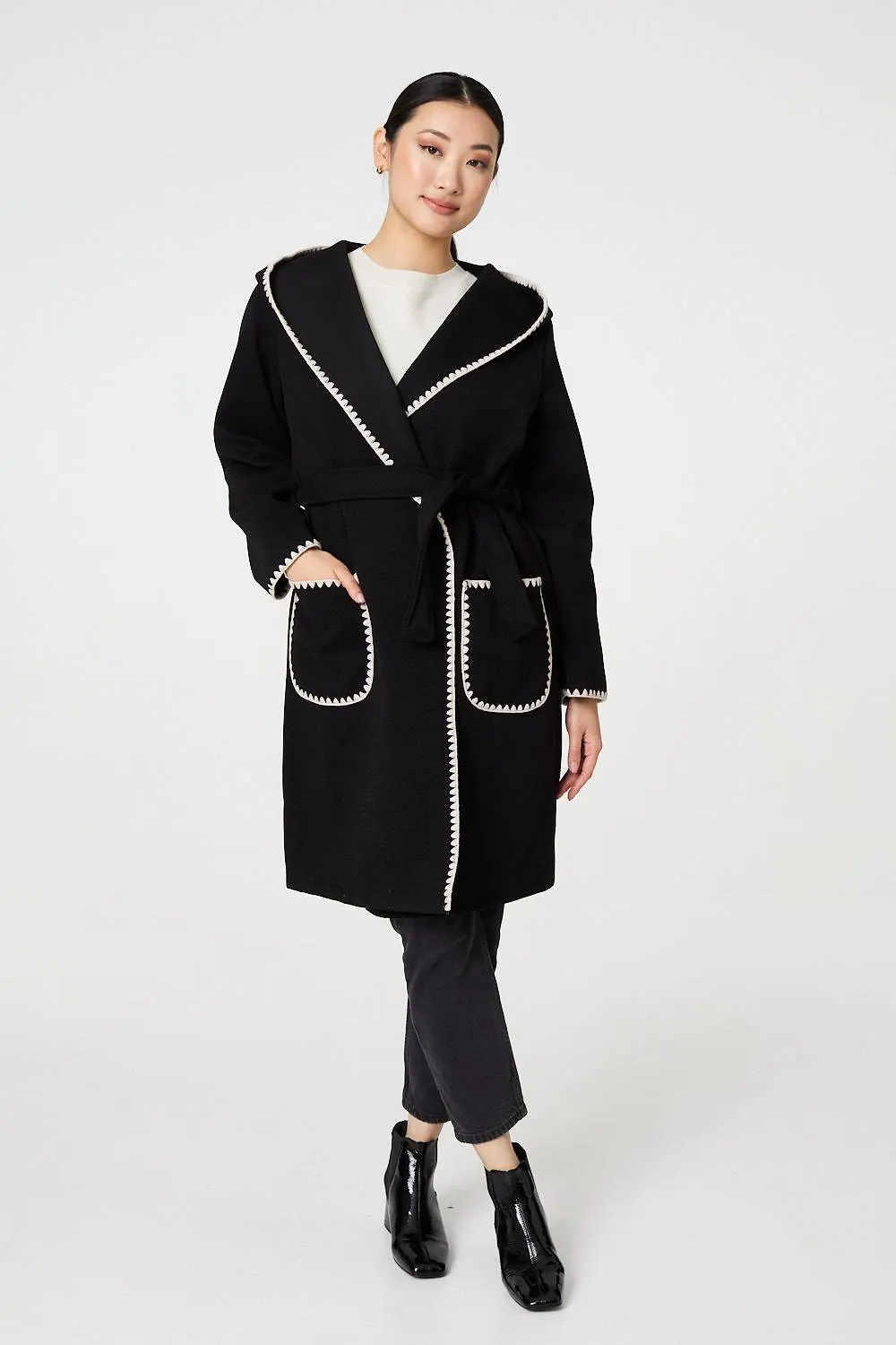 Blanket Stitch Tie Waist Longline Coat