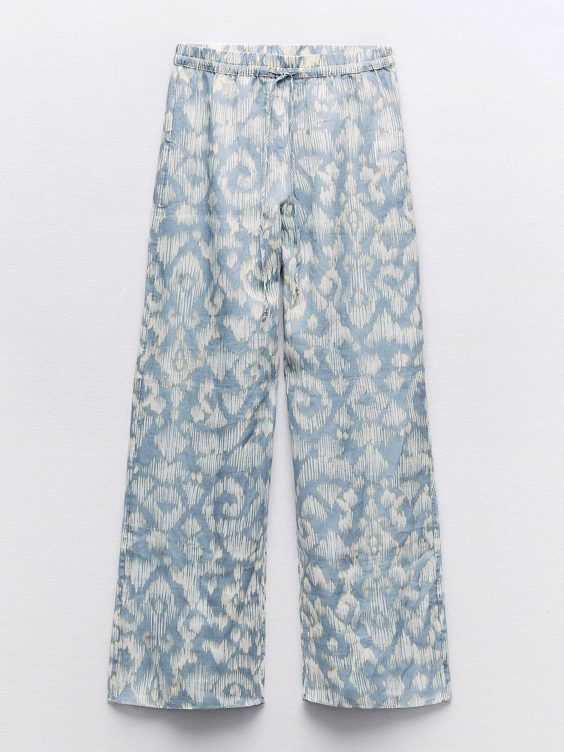 Blue printed ramie trousers