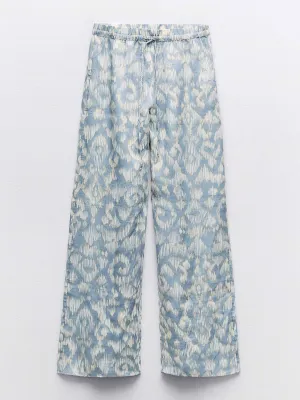 Blue printed ramie trousers