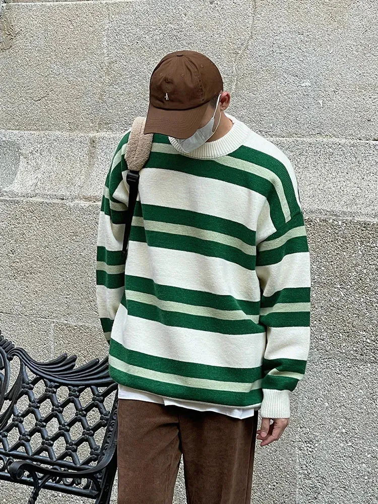 Bonsir -  Green Loose Stripe Design Casual Sweater New Autumn Winter Korean Tide Men's Round Neck Kintting Tops Cvintage 2A0224