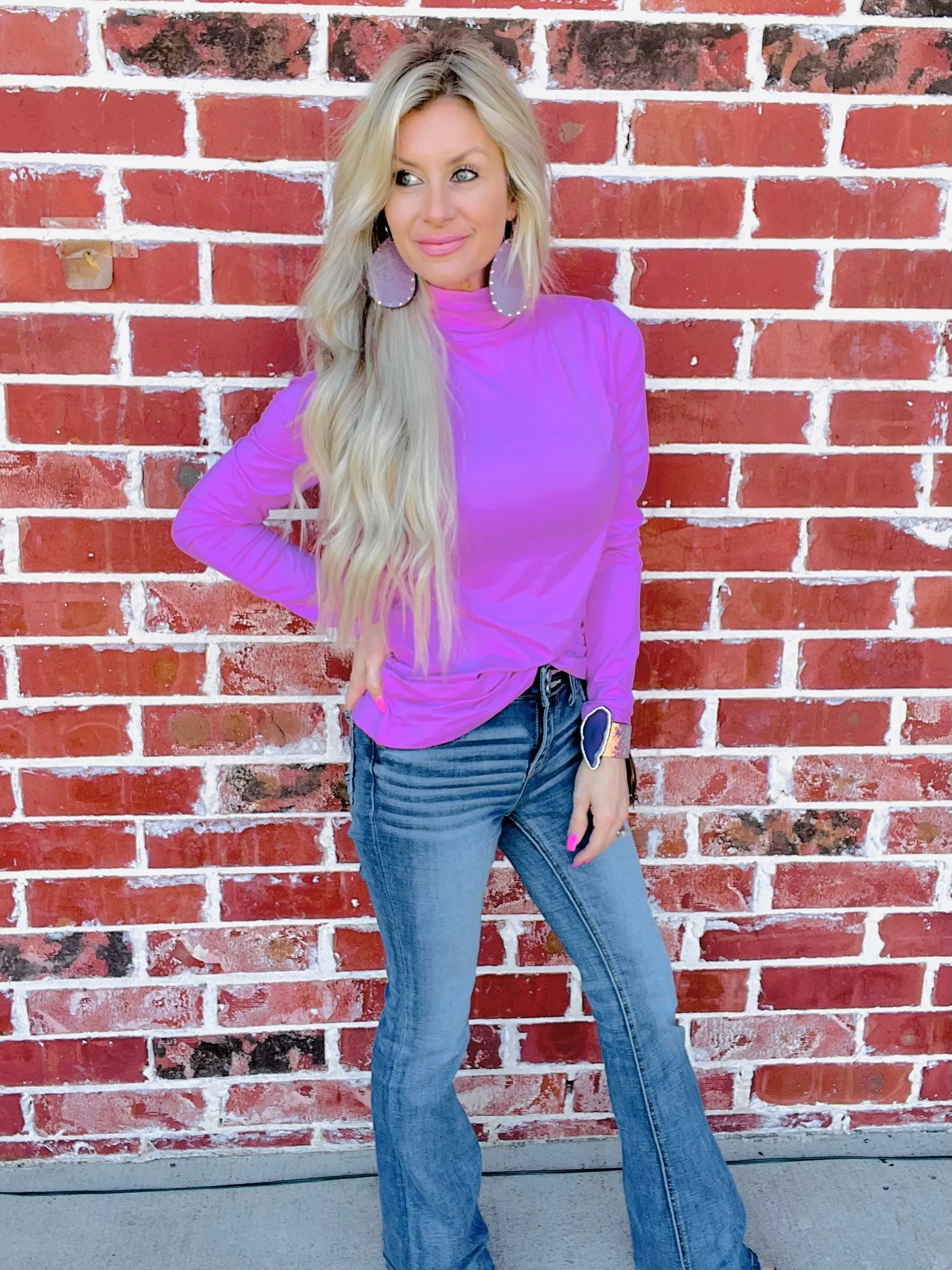 Bright Mauve Mock Neck Casual Long Sleeve