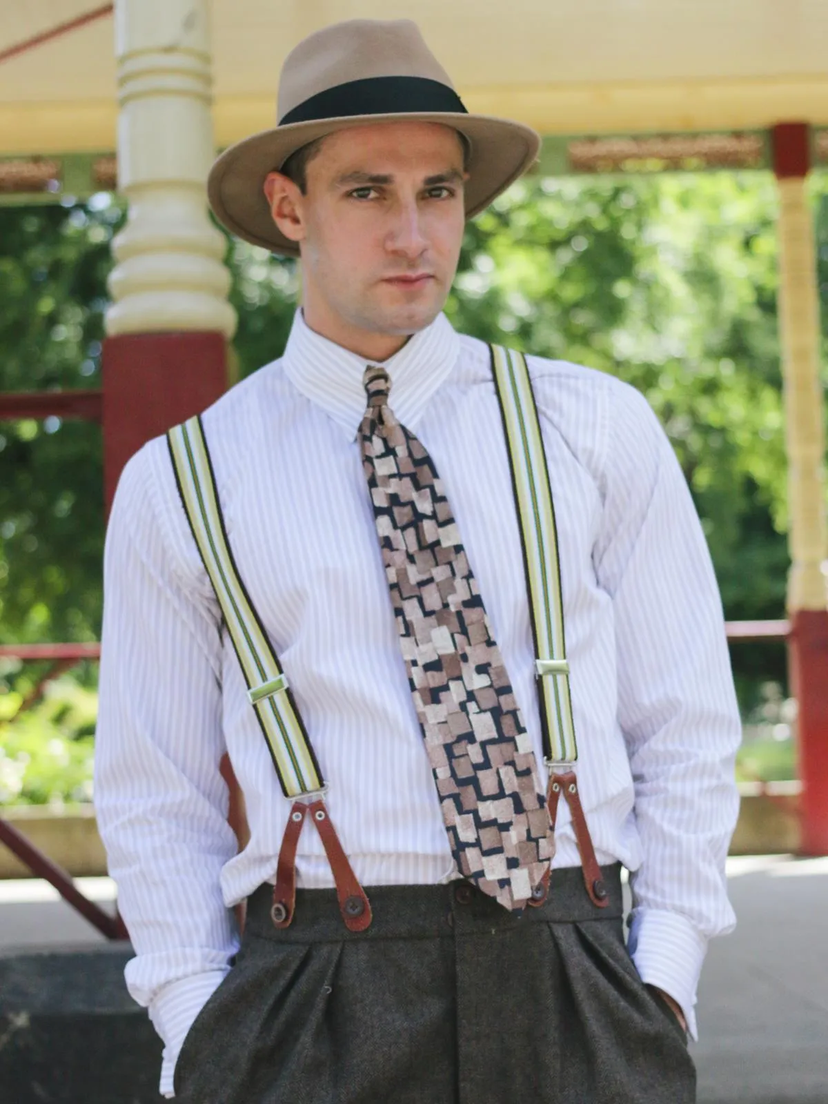 Burgundy & Ecru Stripe 1940s Style Braces with Leather Loops