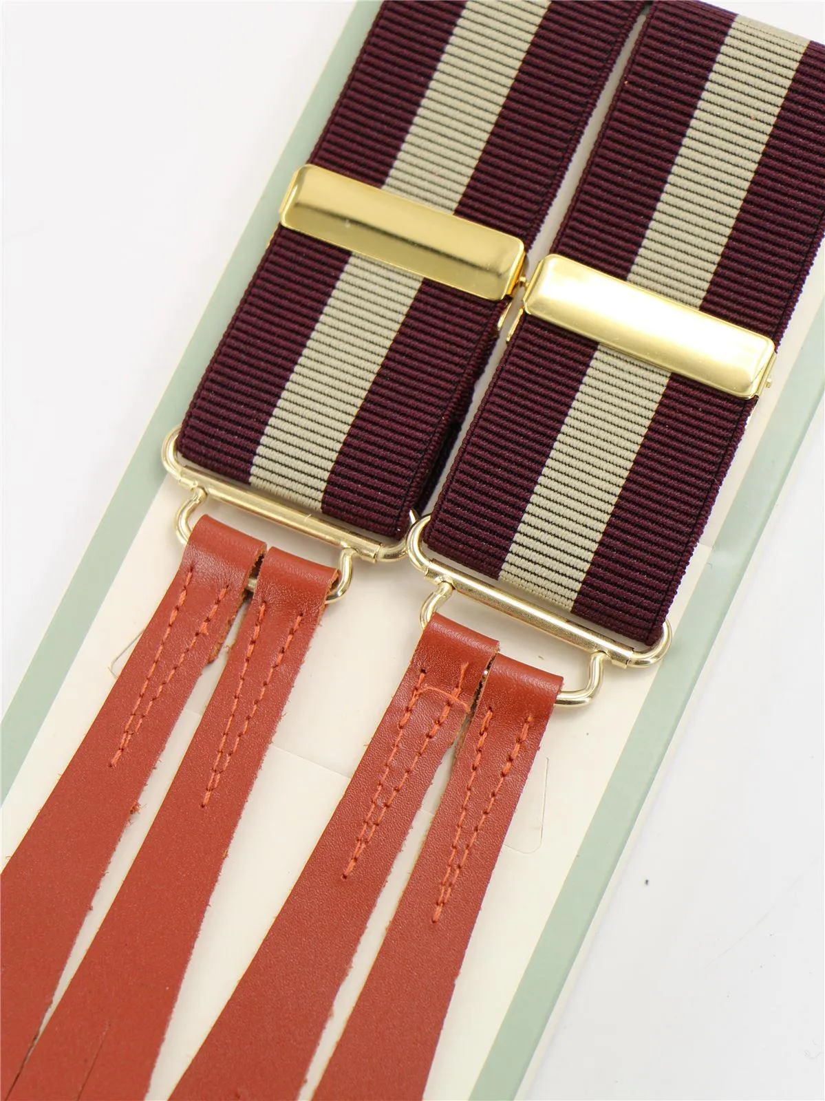 Burgundy & Ecru Stripe 1940s Style Braces with Leather Loops