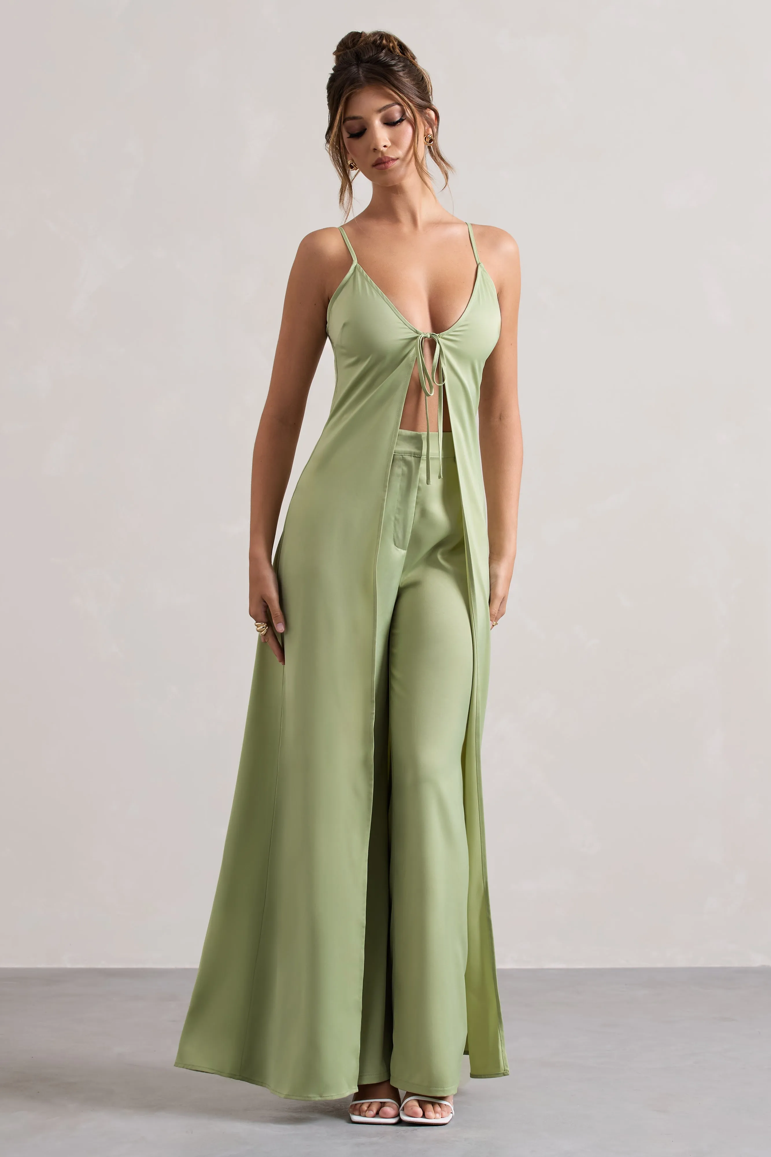 Calvi | Pale Green Satin Longline Cami Top With Split Front