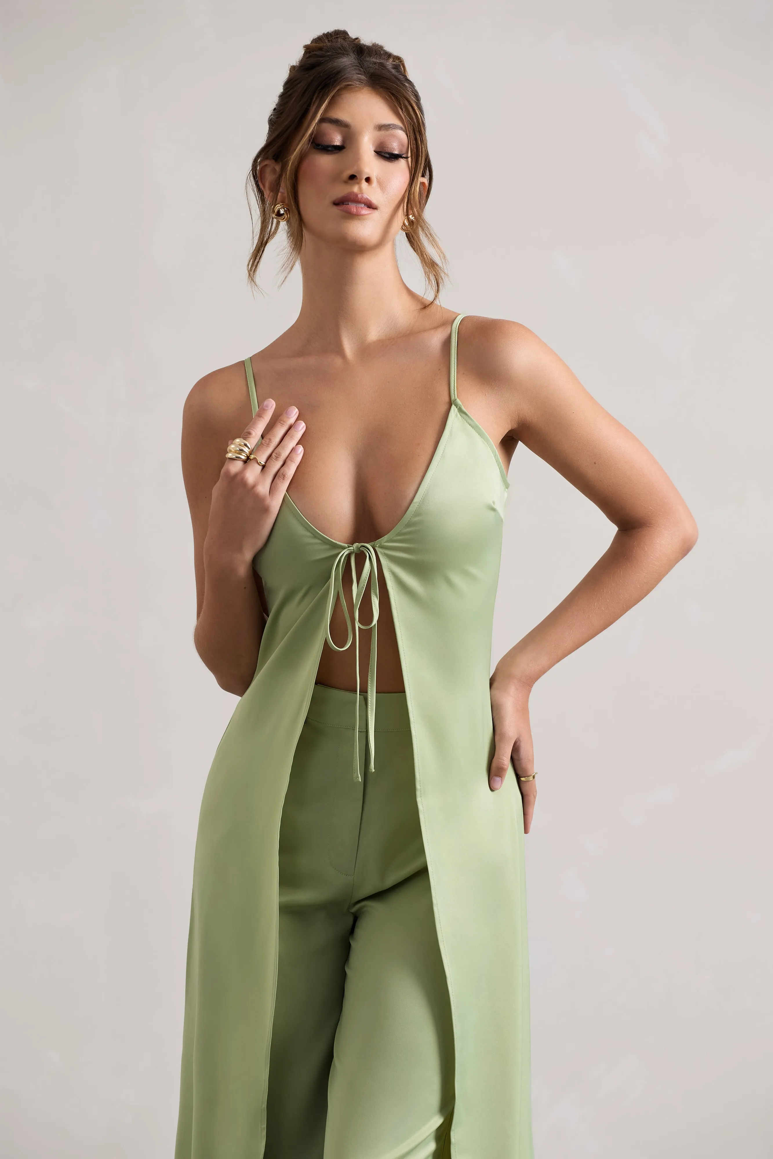 Calvi | Pale Green Satin Longline Cami Top With Split Front