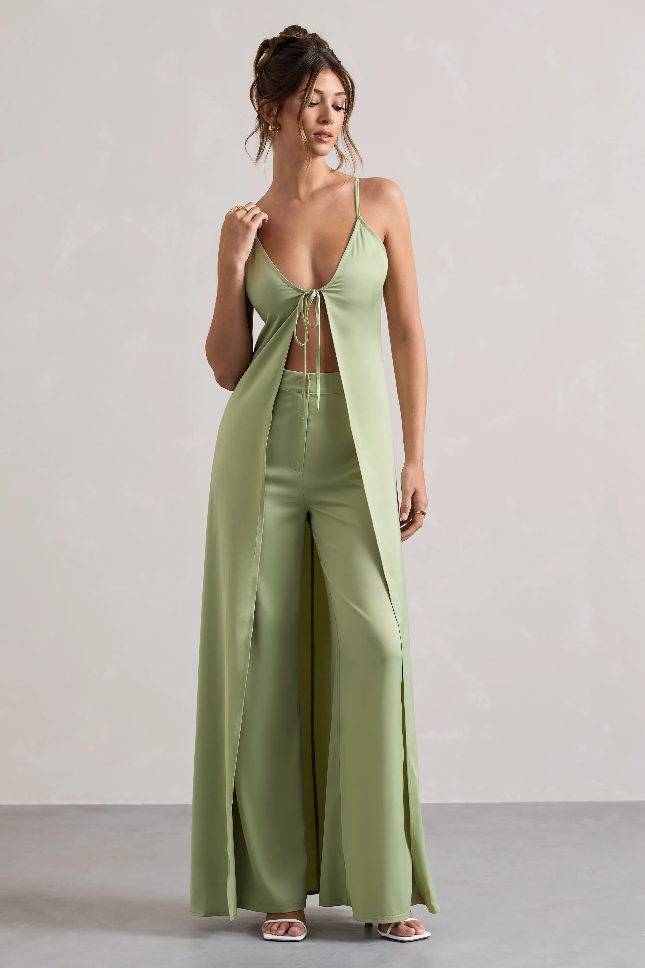 Calvi | Pale Green Satin Longline Cami Top With Split Front