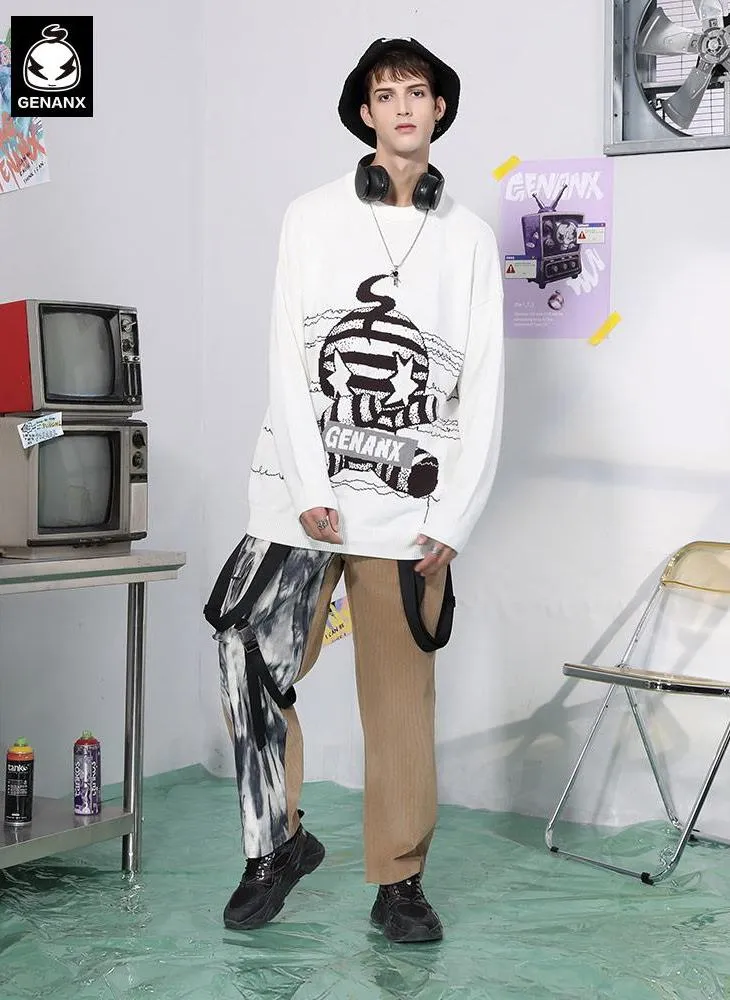 Cartoon Jacquard Hip Hop Street Crew Neck Sweater