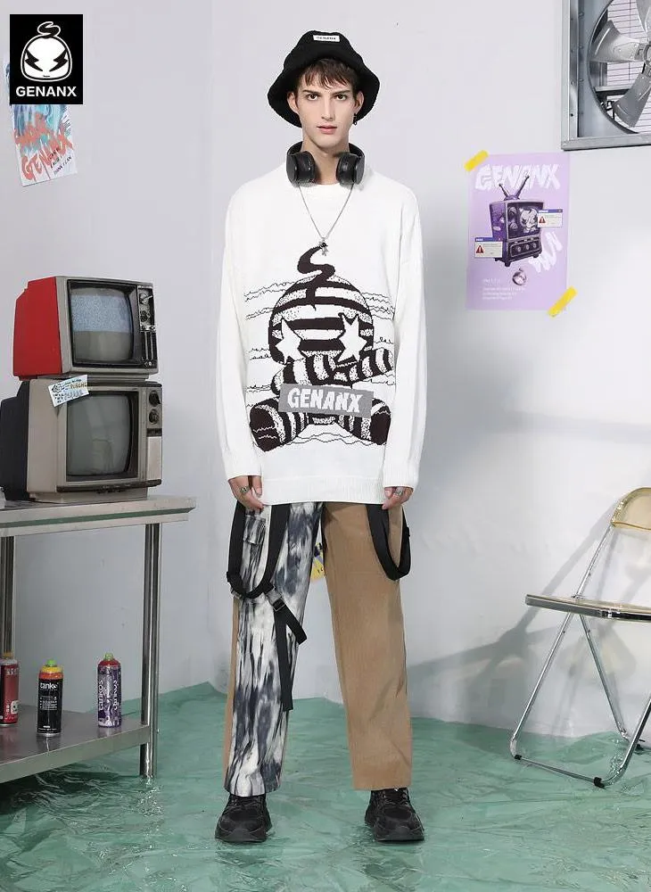 Cartoon Jacquard Hip Hop Street Crew Neck Sweater