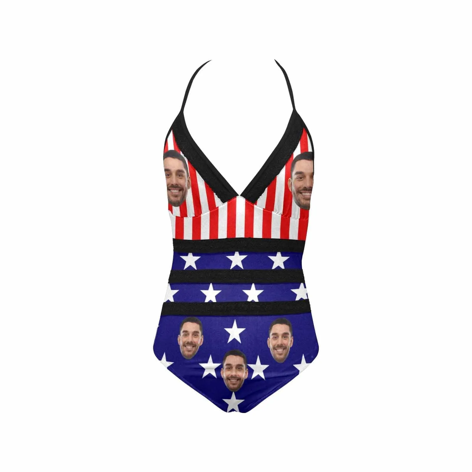 Custom Face Star Flag Swimsuit Personalized Women's New Strap One Piece Bathing Suit Celebrate Holiday