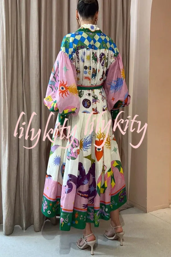 Effortless and Playful Unique Print Balloon Sleeve Shirt Midi Dress