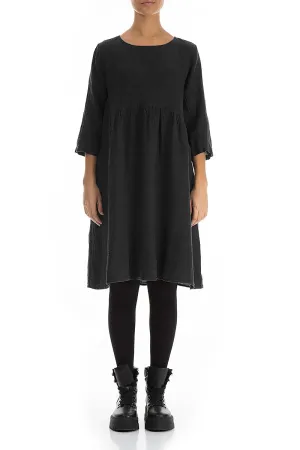 Flared Black Mélange Linen Midi Dress