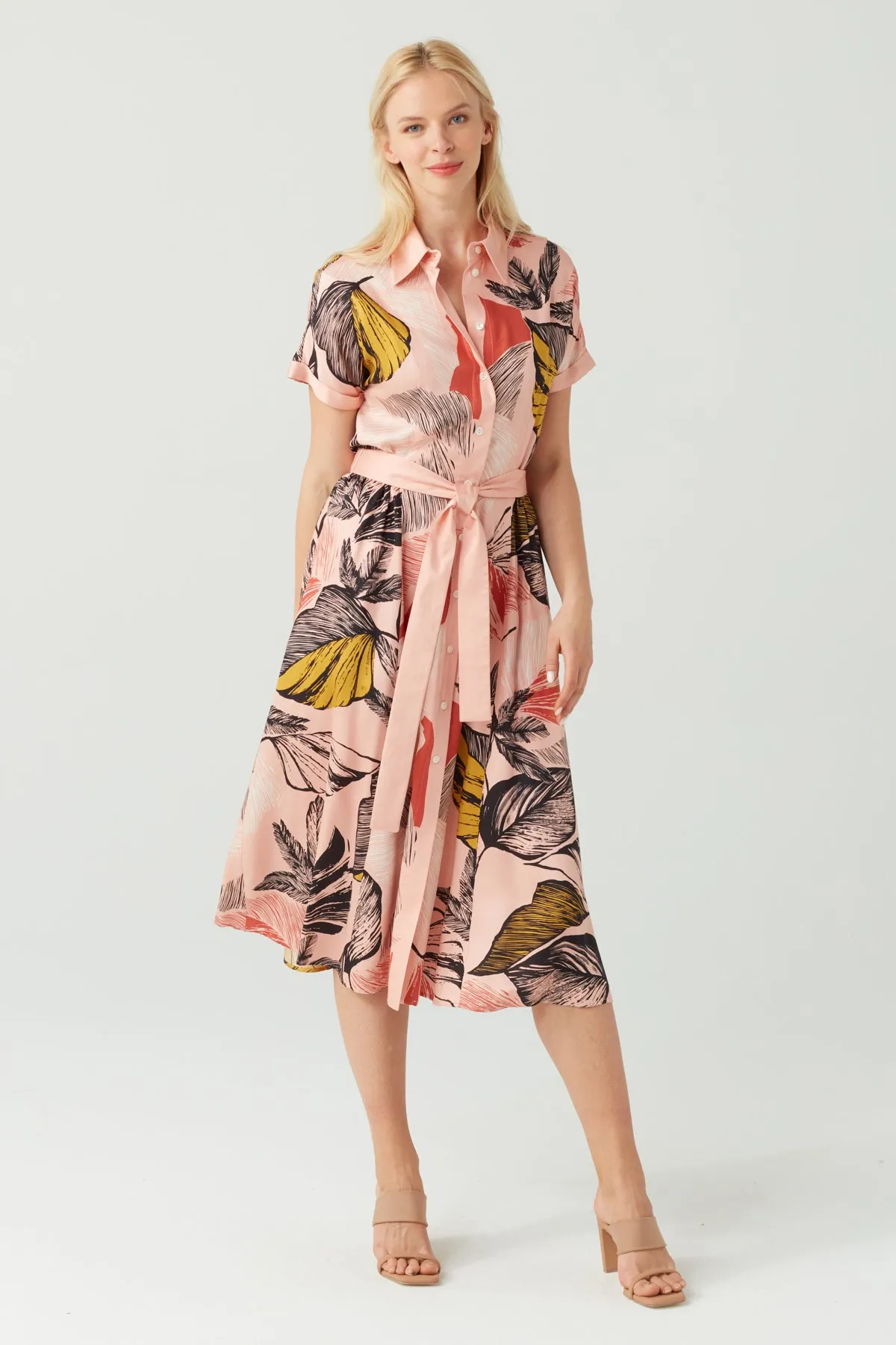 FLORAL TIE WAIST VISCOSE DRESS ROSE