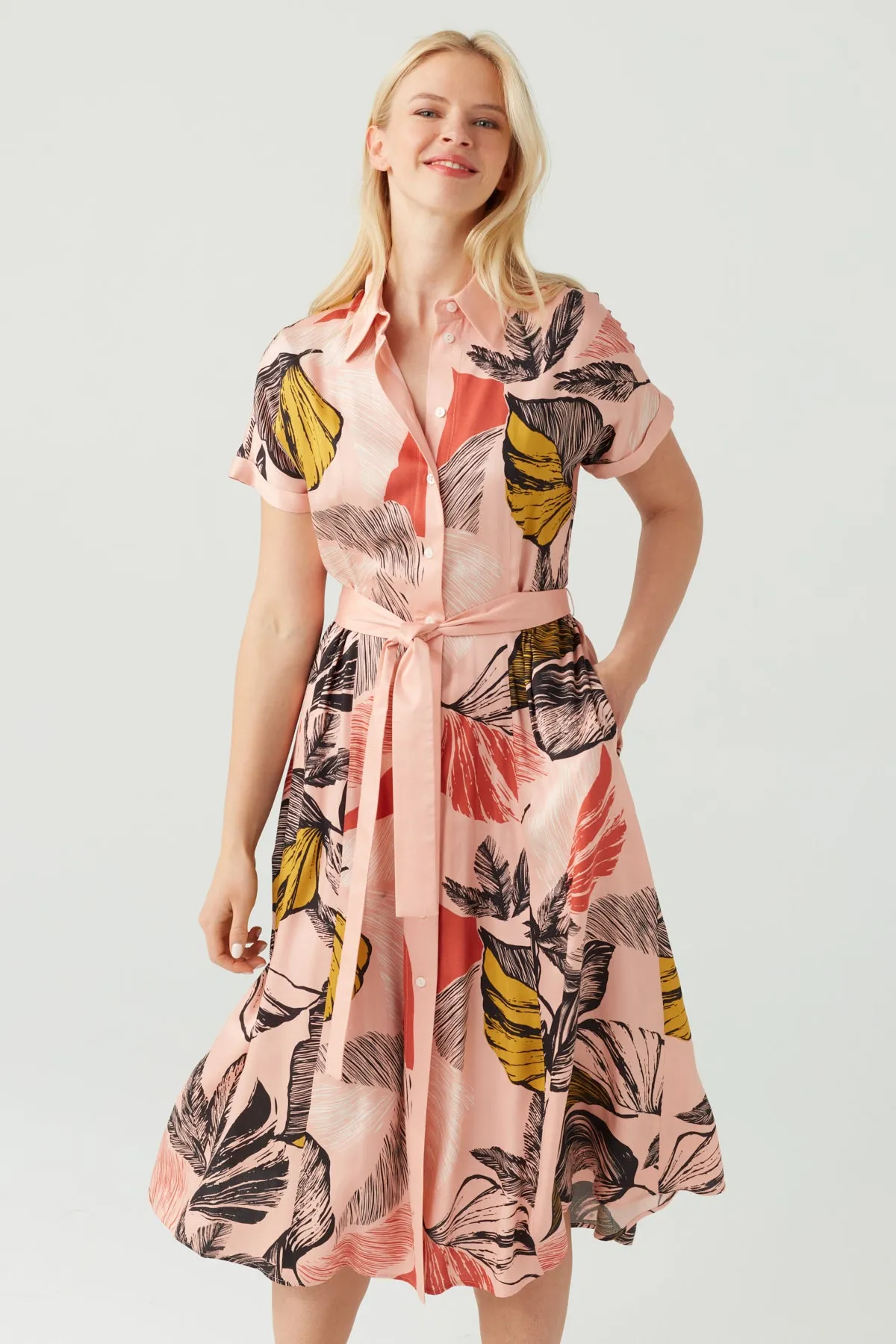 FLORAL TIE WAIST VISCOSE DRESS ROSE