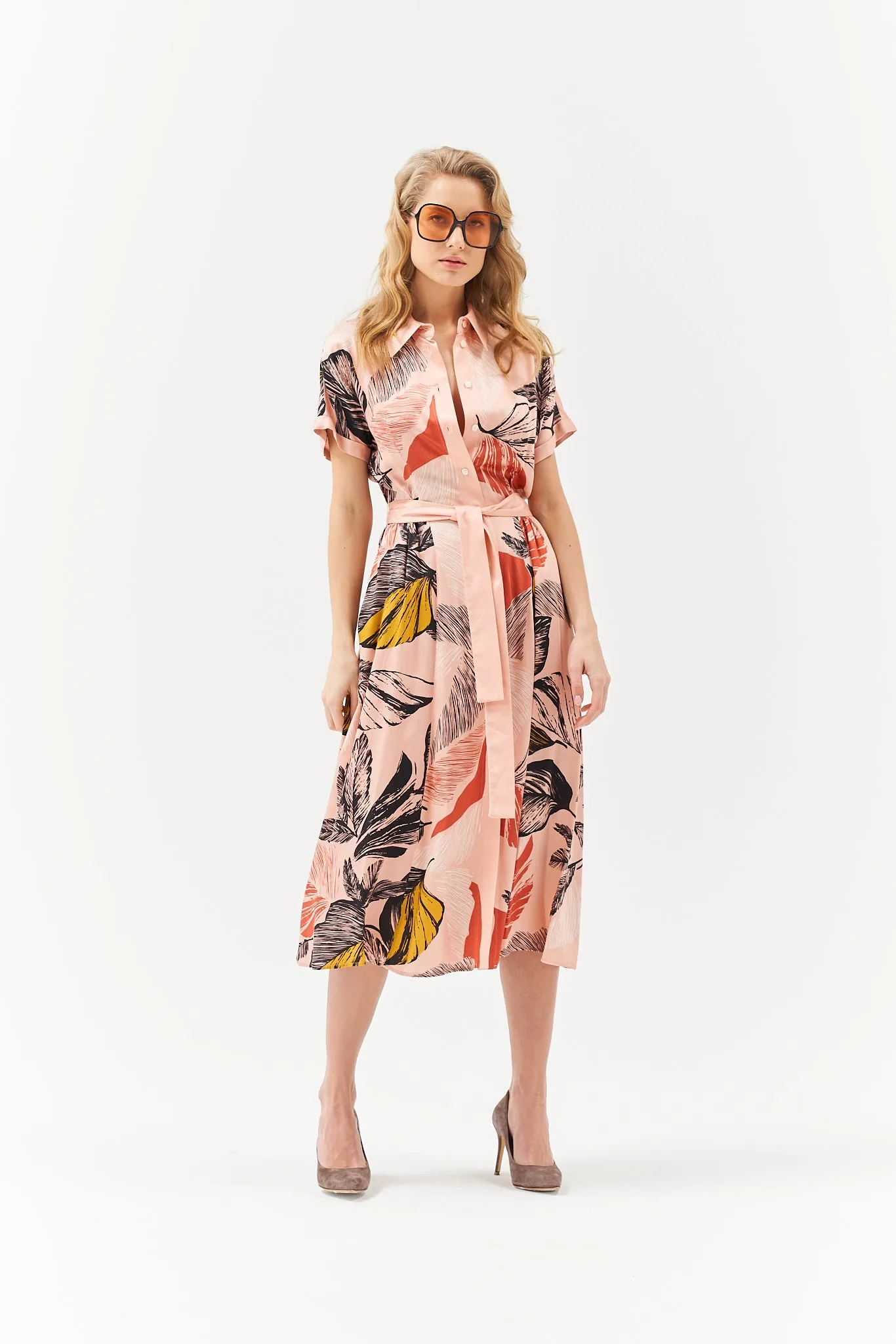 FLORAL TIE WAIST VISCOSE DRESS ROSE