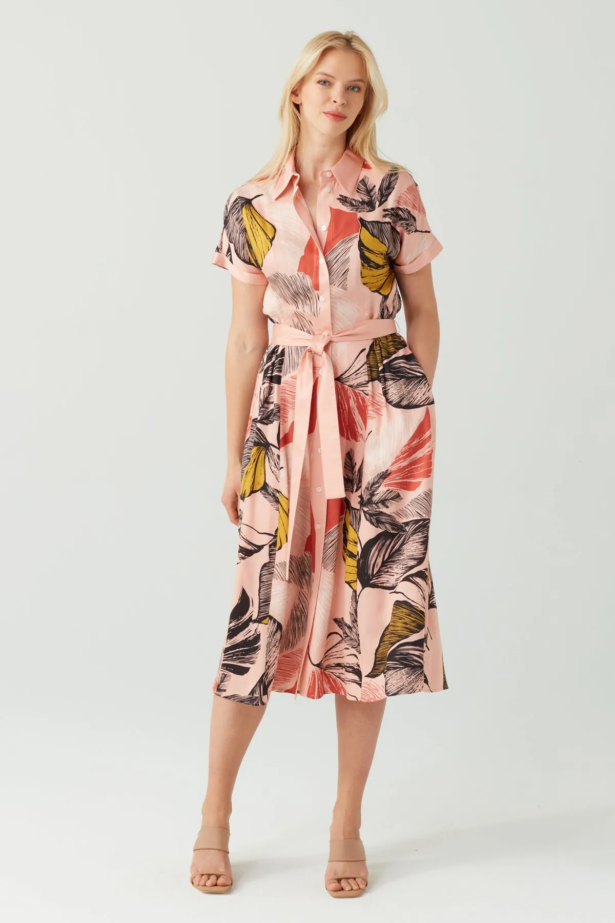 FLORAL TIE WAIST VISCOSE DRESS ROSE