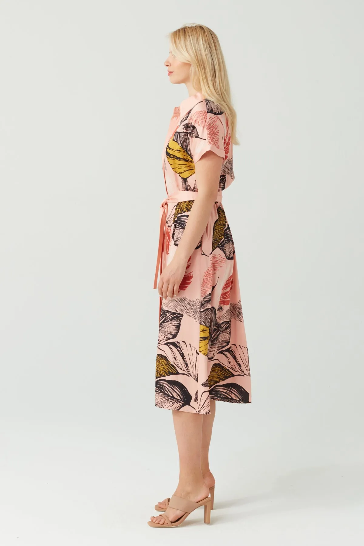 FLORAL TIE WAIST VISCOSE DRESS ROSE