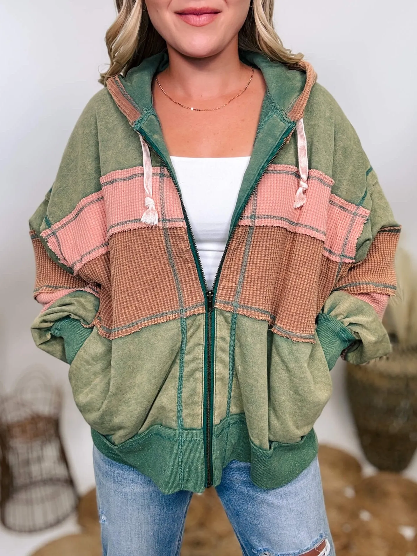 Green, Pink   Camel Colorblock Zip Up Hoodie by Oli & Hali