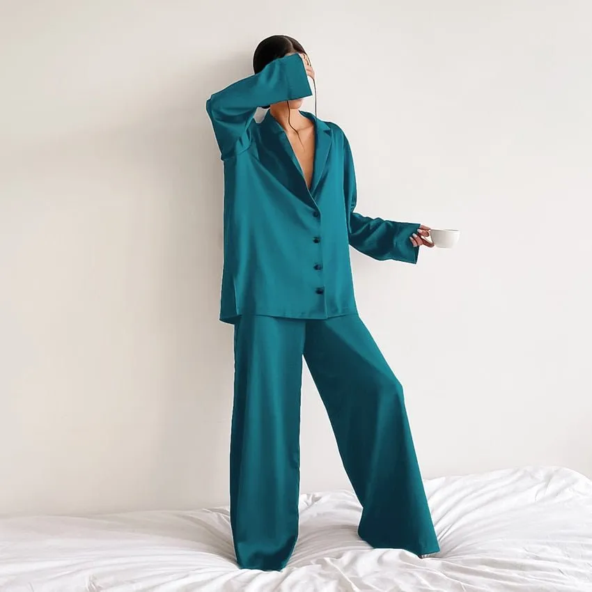 Hiloc Oversized Satin Silk Sleepwear Low Cut Sexy Pajamas For Women Single-Breasted Long Sleeves Wide Leg Pants Trouser Suits