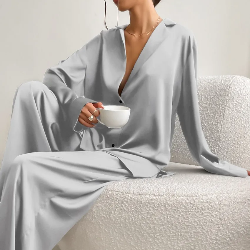 Hiloc Oversized Satin Silk Sleepwear Low Cut Sexy Pajamas For Women Single-Breasted Long Sleeves Wide Leg Pants Trouser Suits