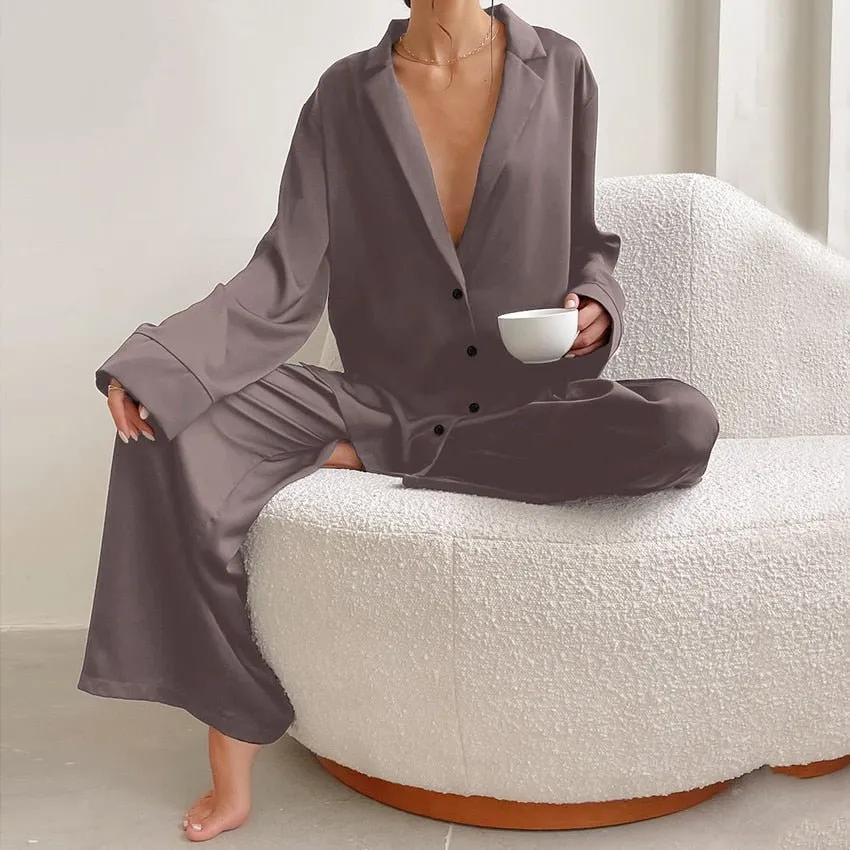 Hiloc Oversized Satin Silk Sleepwear Low Cut Sexy Pajamas For Women Single-Breasted Long Sleeves Wide Leg Pants Trouser Suits