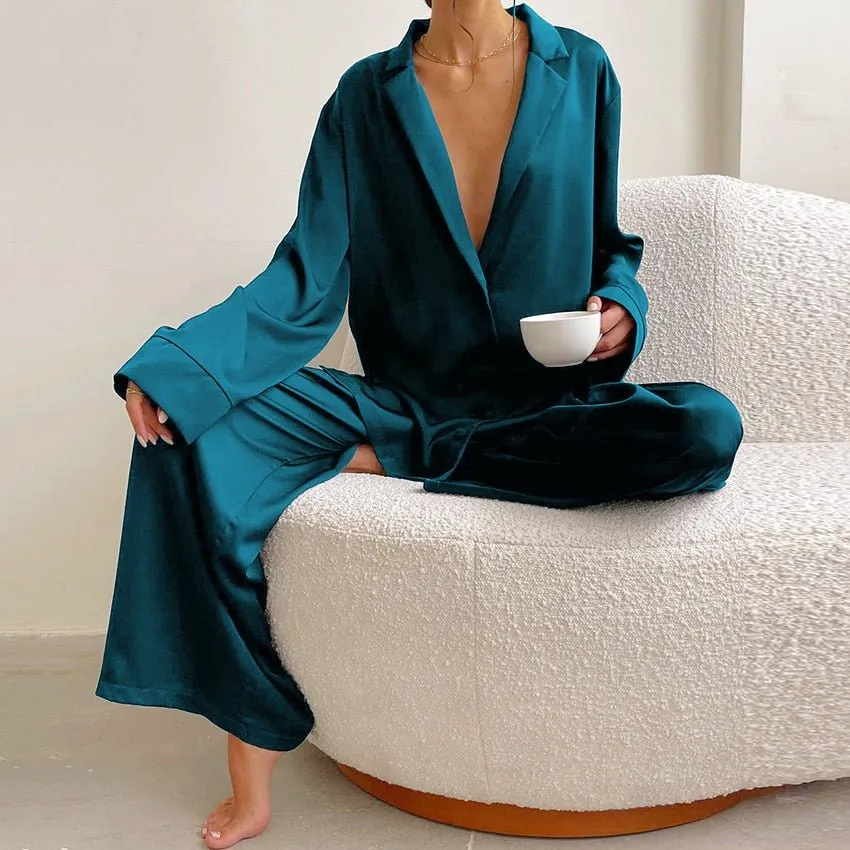 Hiloc Oversized Satin Silk Sleepwear Low Cut Sexy Pajamas For Women Single-Breasted Long Sleeves Wide Leg Pants Trouser Suits