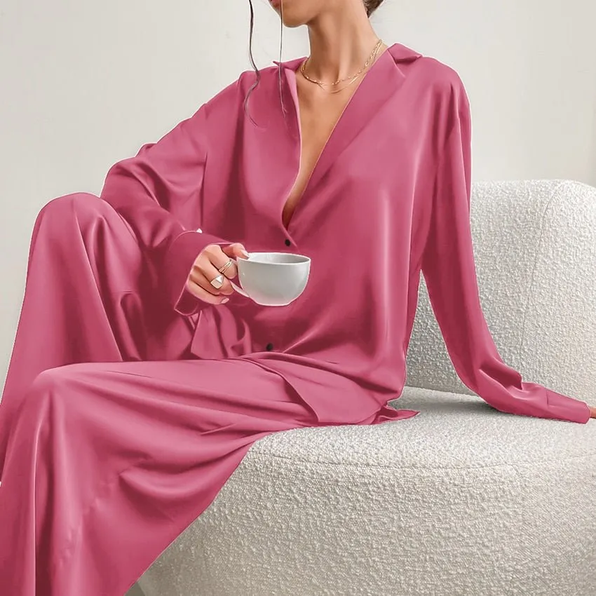 Hiloc Oversized Satin Silk Sleepwear Low Cut Sexy Pajamas For Women Single-Breasted Long Sleeves Wide Leg Pants Trouser Suits