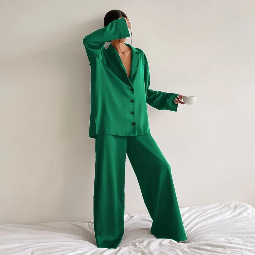 Hiloc Oversized Satin Silk Sleepwear Low Cut Sexy Pajamas For Women Single-Breasted Long Sleeves Wide Leg Pants Trouser Suits