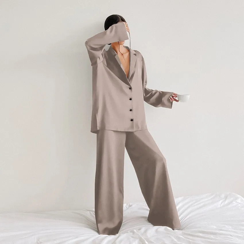 Hiloc Oversized Satin Silk Sleepwear Low Cut Sexy Pajamas For Women Single-Breasted Long Sleeves Wide Leg Pants Trouser Suits