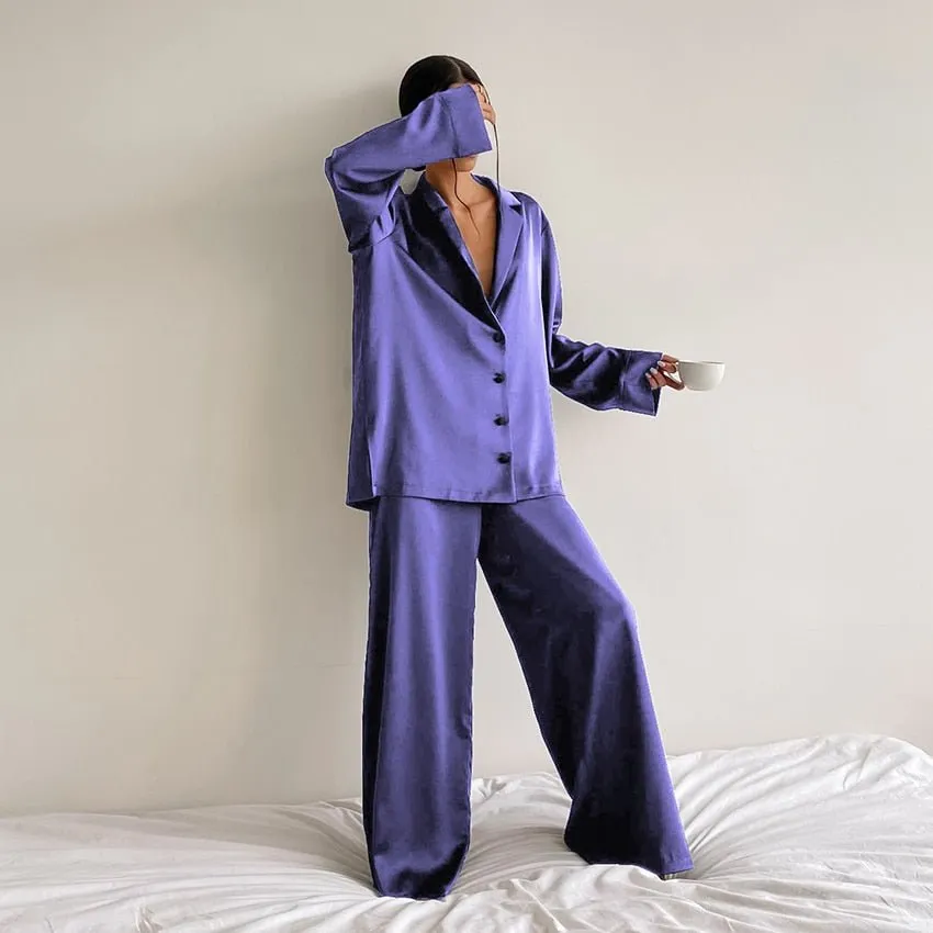 Hiloc Oversized Satin Silk Sleepwear Low Cut Sexy Pajamas For Women Single-Breasted Long Sleeves Wide Leg Pants Trouser Suits