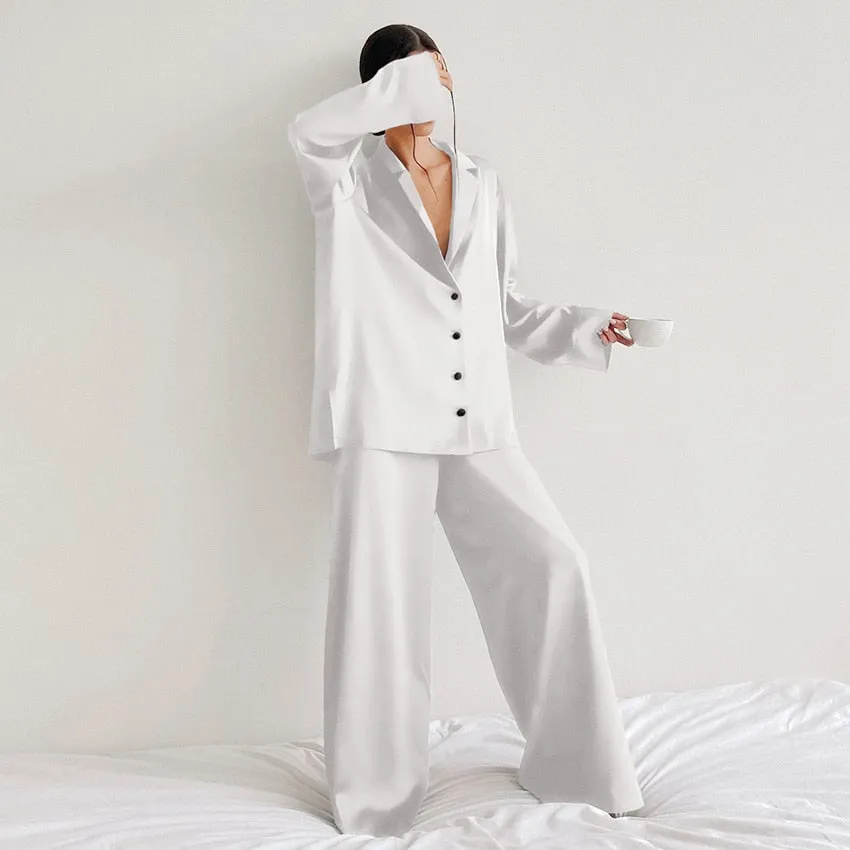 Hiloc Oversized Satin Silk Sleepwear Low Cut Sexy Pajamas For Women Single-Breasted Long Sleeves Wide Leg Pants Trouser Suits