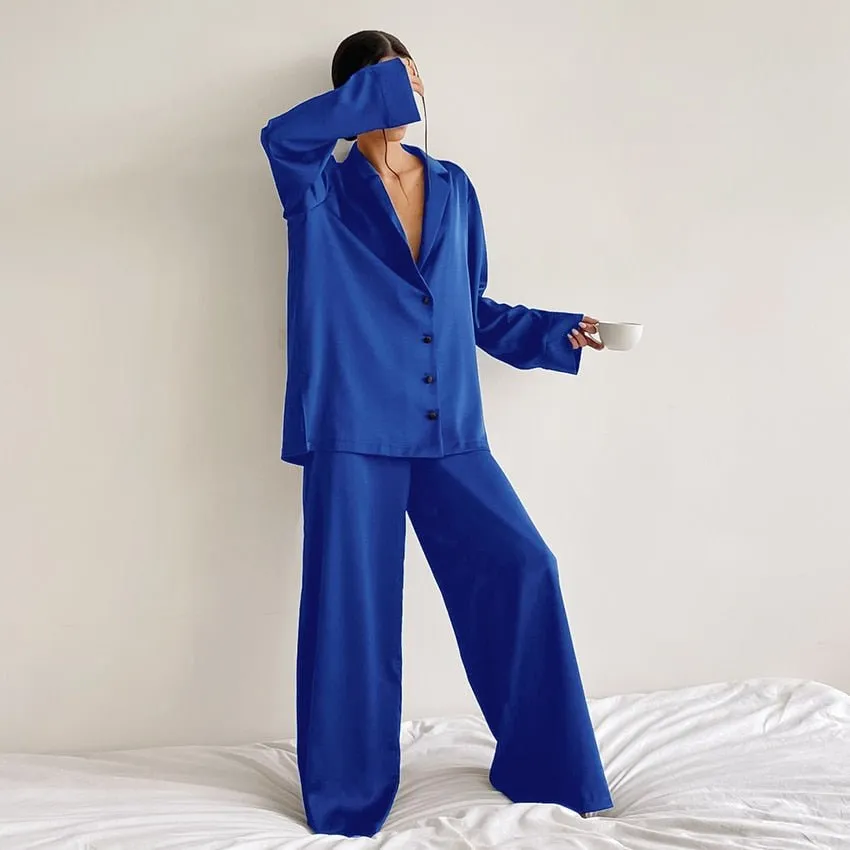 Hiloc Oversized Satin Silk Sleepwear Low Cut Sexy Pajamas For Women Single-Breasted Long Sleeves Wide Leg Pants Trouser Suits