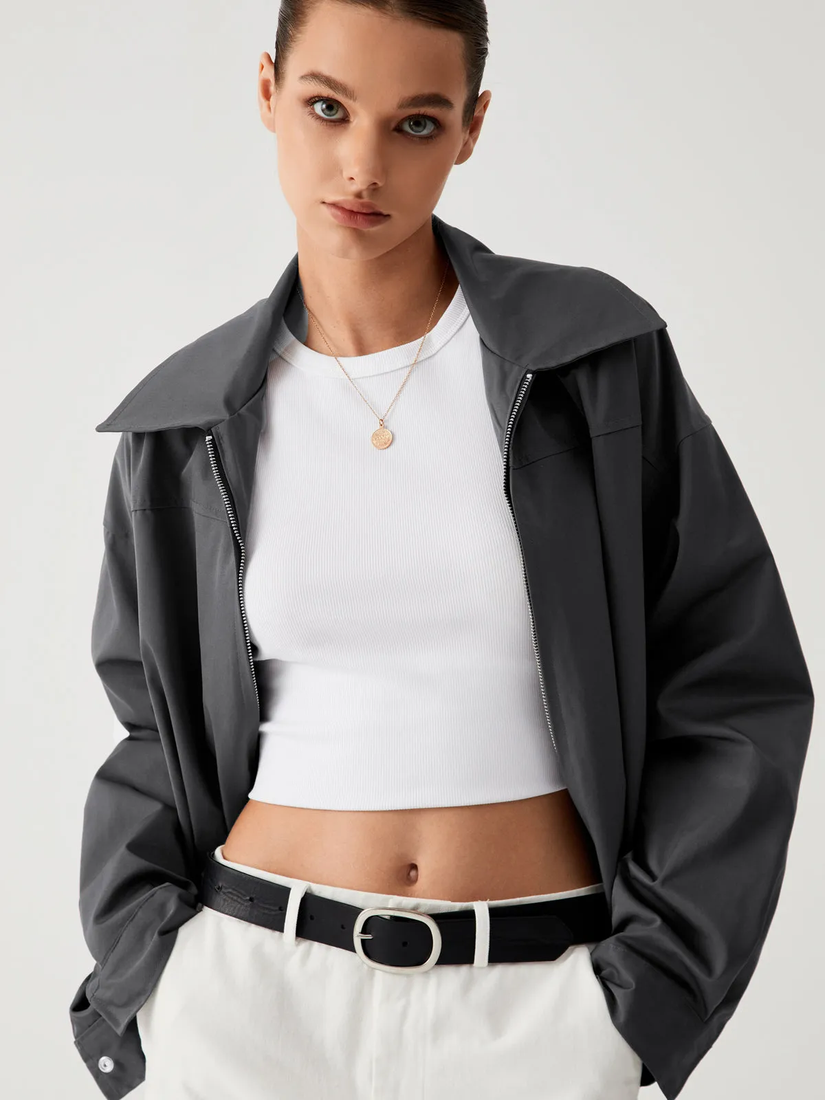 In The Morning Trendy Collared Bomber Jacket