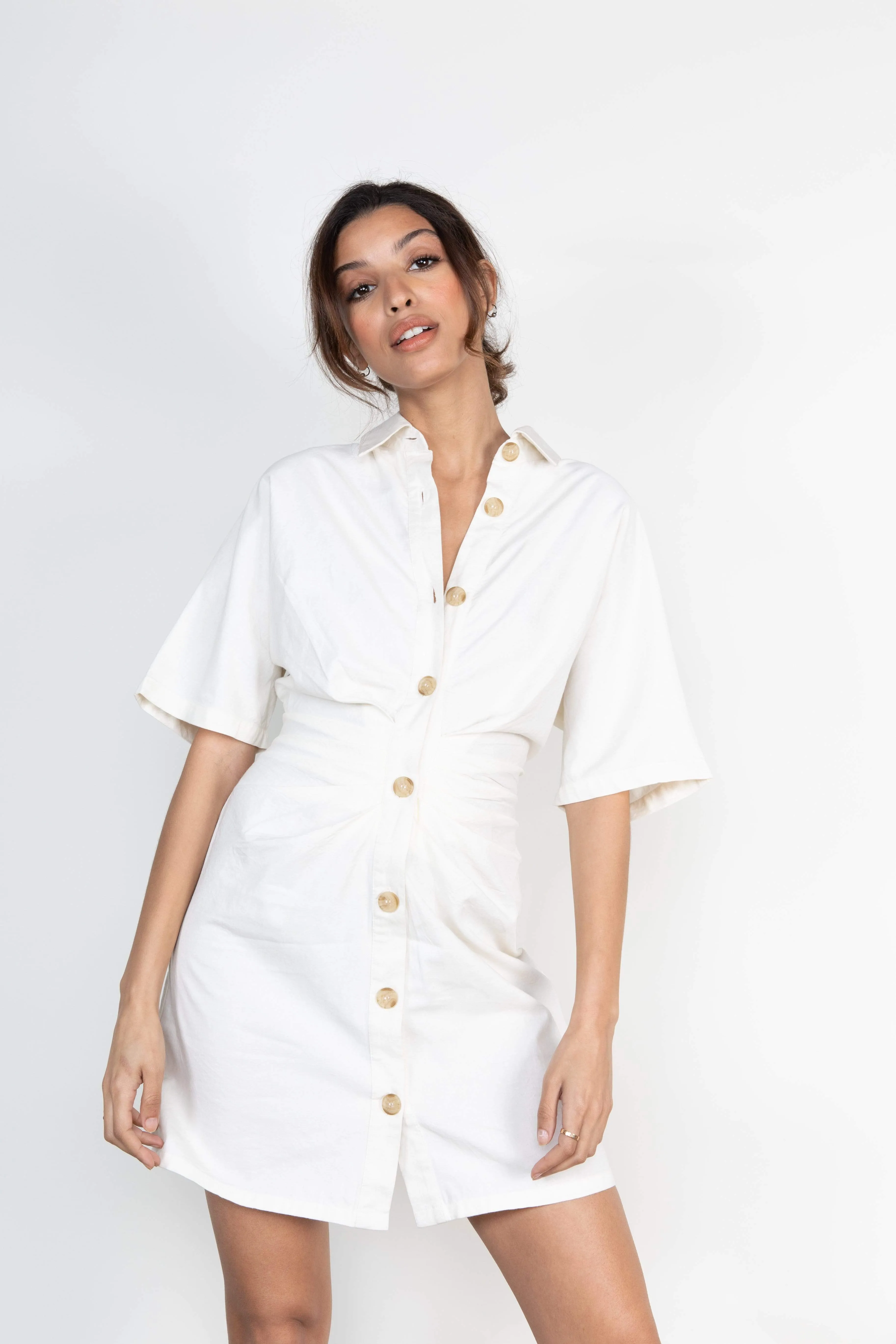 Lane Mini Ruched Button Dress - Cream