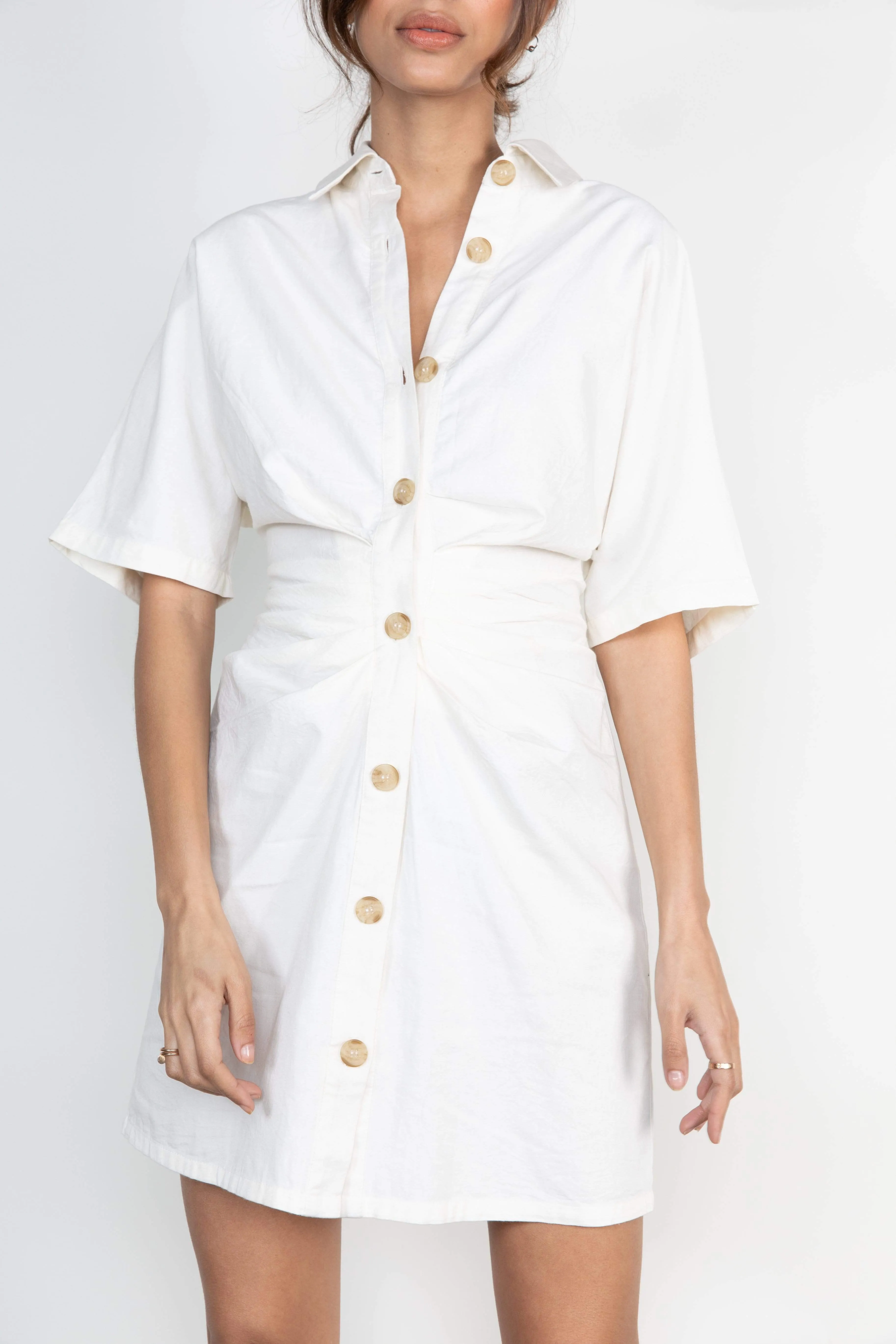 Lane Mini Ruched Button Dress - Cream