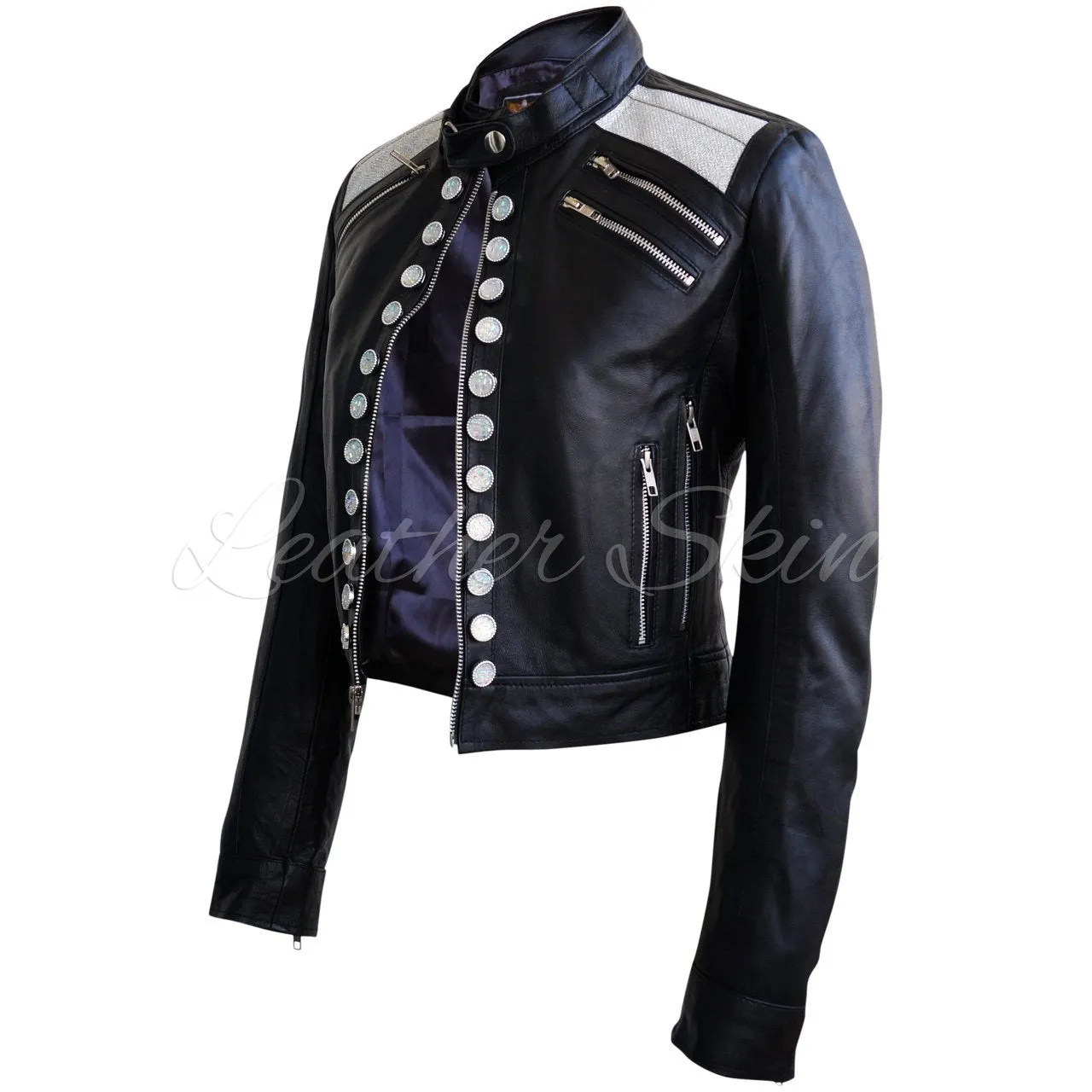 Leather Skin Women Black Leather Jacket with Diamond White Buttons