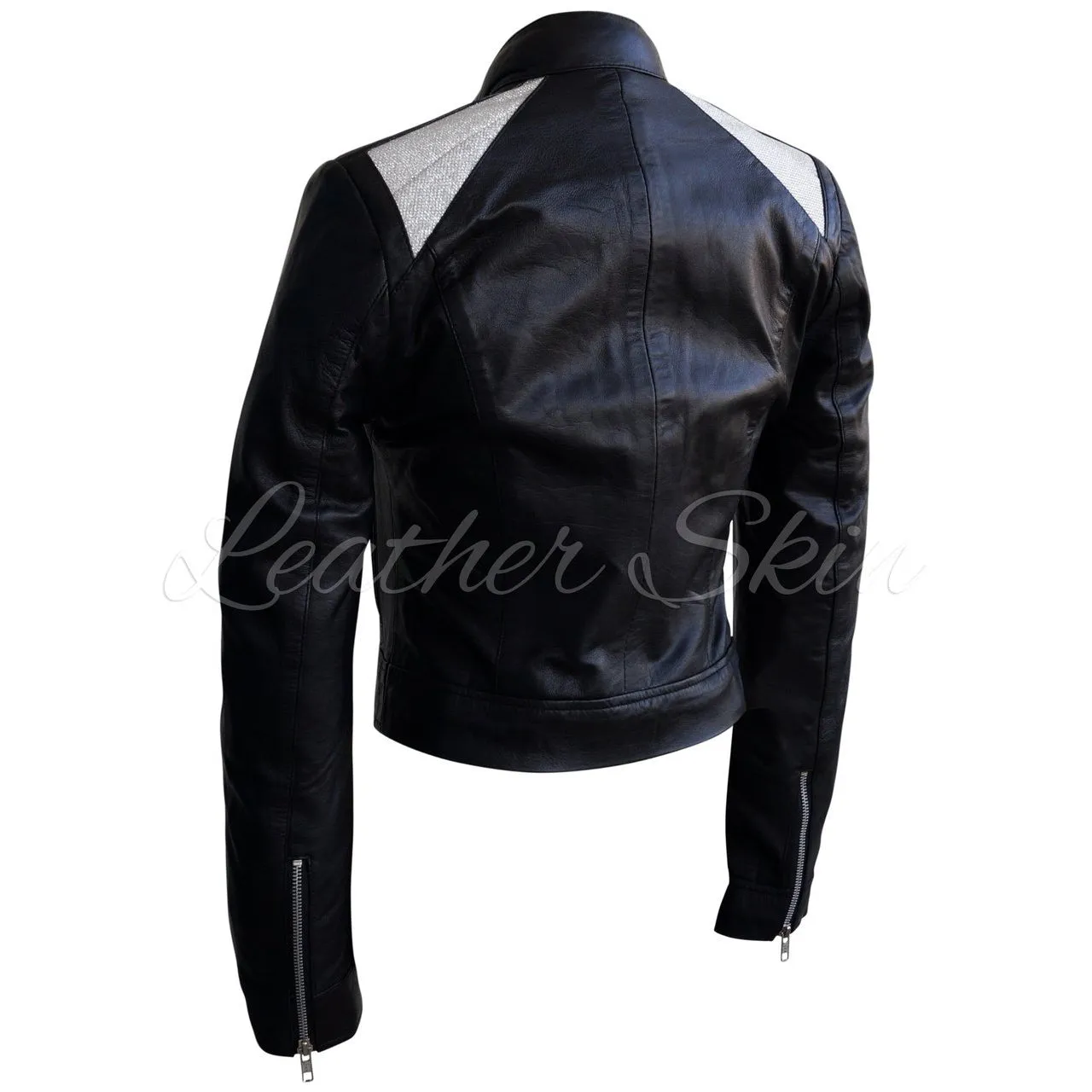 Leather Skin Women Black Leather Jacket with Diamond White Buttons